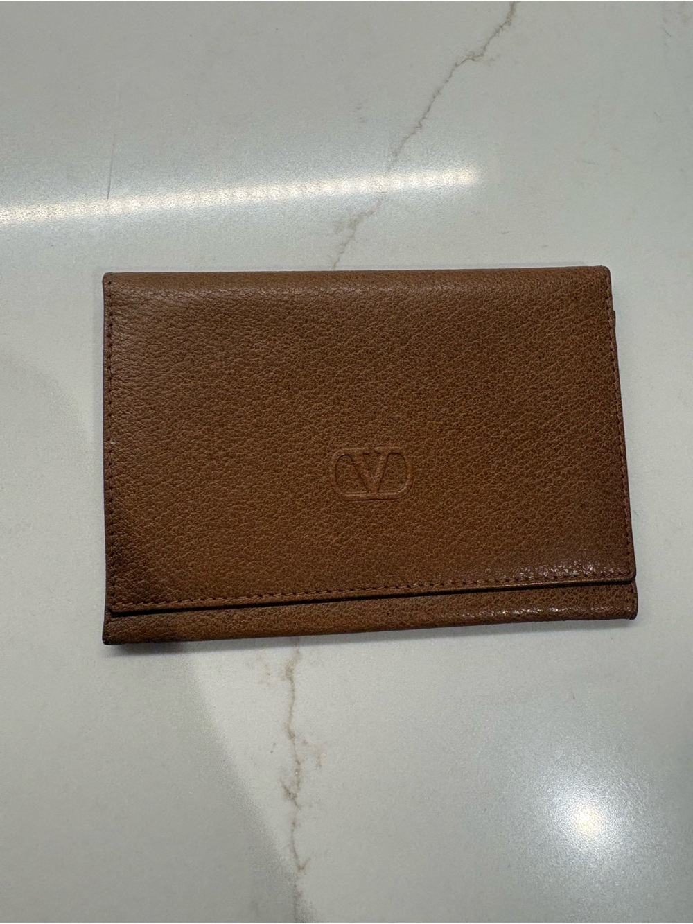 Valentino Garavani Brown Pebbled Leather Card Holder with Embossed V Logo